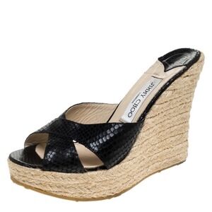 Jimmy Choo Black Snake-Embossed Espadrille Wedge Sandals